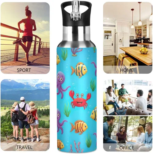 Vista 5 de Stainless Steel Water Bottle 20 Oz, Leakproof Water Bottles for Gym Outdoor Travel School, Cute Colorful Cartoon Fish