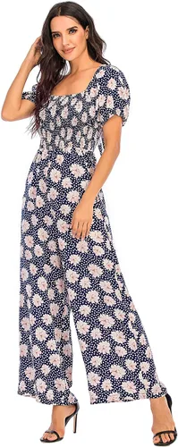 Vista 3 de Jumpsuit de verano con manga de farol floral para mujer cintura alta pantalones de pierna ancha casual holgado fruncido