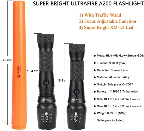 Vista 5 de UltraFire Linterna LED de vara de control de tráfico de 16 pulgadas, linterna de varita de tráfico de 980 lúmenes, 5 modos con modo estroboscópico