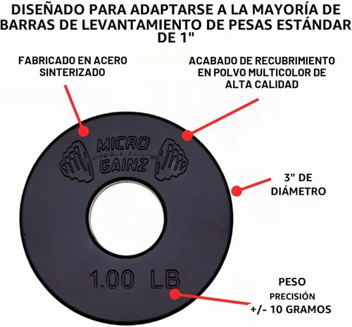 Vista 2 de Micro Gainz Placas de peso fraccionarias estándar de 1 pulgada con orificio central de 8 piezas con bolsa, diseñadas para mancuernas y barras