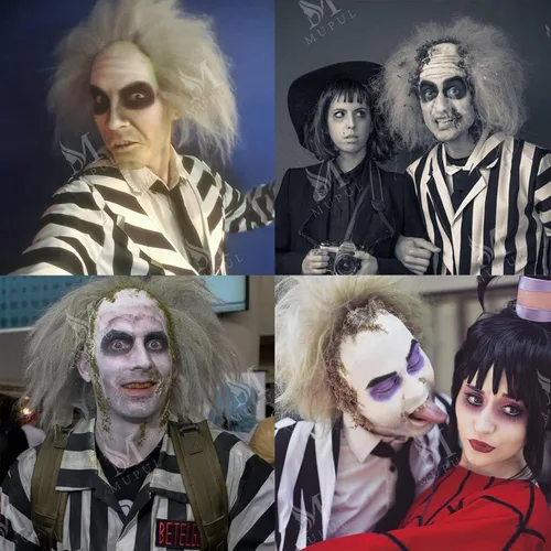 Vista 5 de MUPUL Betelgeuse Cosplay corto esponjoso ondulado payaso calvo peluca para fiesta de Halloween disfraz pelucas para adultos