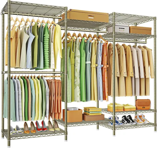 Vista 15 de Ulif E13 Perchero de Ropa de Servicio Pesado (Con 4 Barras Colgadoras y 8 Estantes) Percheros Independientes para Colgar Ropa, Organizador de Closet