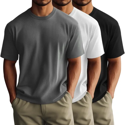 Vista 8 de Huukeay Paquete de 3 camisetas para hombre, cuello redondo, manga corta, de punto acanalado, camisetas casuales elegantes