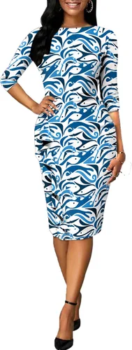 Vista 2 de vunahzma Vestidos de iglesia para mujer, manga 34, entallado, con volantes, vintage, vestido de tubo para el trabajo