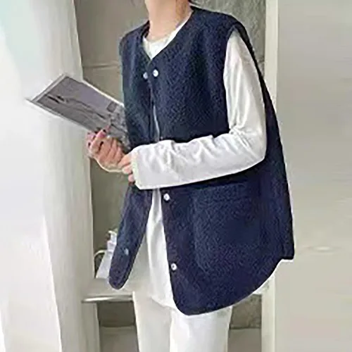 Vista 6 de Chaleco corto de invierno para mujer, informal, reversible, chaquetas de chal, de moda, liso, sin mangas, bolsillos