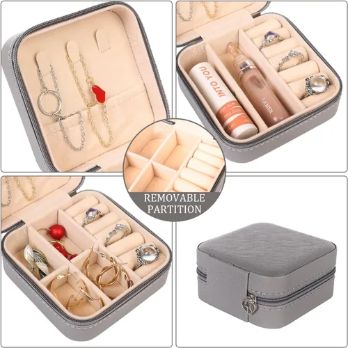 Vista 5 de KElofoN Organizador de joyas de viaje, joyero de viaje, caja organizadora de joyas pequeña para niñas y mujeres (1, gris completo)