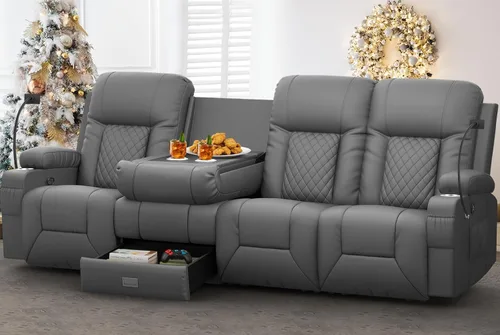 Vista 26 de YONISEE Juego de muebles de sala de estar, sofá biplaza reclinable de 2 plazas y silla reclinable giratoria de 360° con masaje, sofá reclinable