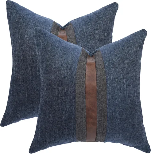 Vista 7 de Juego de 2 fundas de almohadas decorativas de cuero, decoración de exteriores, lino con parches, almohadas de cuero sintético marrón, funda