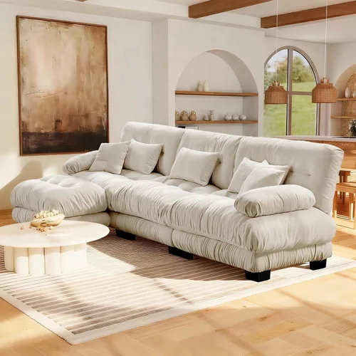 Vista 22 de Reposapiés Otomano Tapizado de Terciopelo con Cojín para Sofá Seccional Sofá 300 libras para Sala de Estar (Beige)