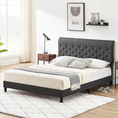 Vista 8 de Amyove Base de cama de tamaño matrimonial con cabecera curva, plataforma tapizada de tela con cabecera ajustable, base de colchón, fácil montaje,