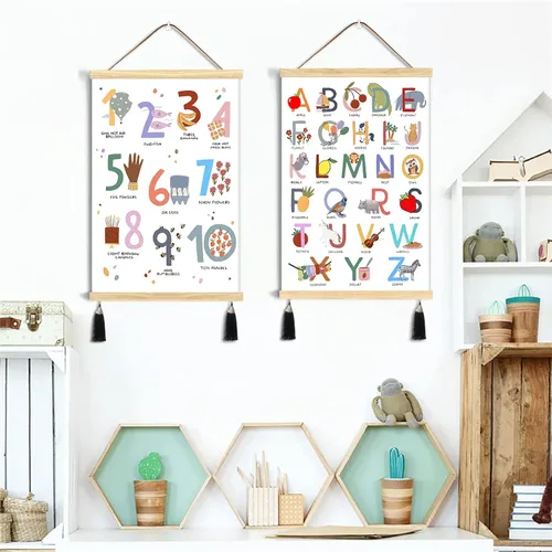 Vista 3 de LIYAOLI Póster del alfabeto, decoración de pared de madera para sala de juegos, colgador magnético de póster del alfabeto, decoración de pared