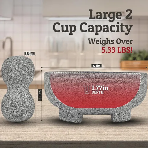 Vista 5 de PriorityChef - Juego de mortero y mano de mortero de granito – Molcajete Mexicano de piedra natural de 6.1 pulgadas para especias, condimentos