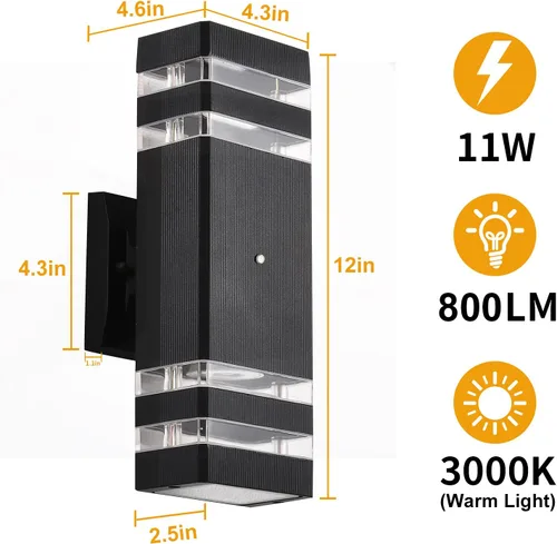 Vista 6 de DASTOR Lámpara de pared para exteriores del anochecer al amanecer, luz blanca cálida de 3000 K hacia arriba y hacia abajo, aplique de pared al aire