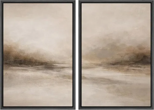 Vista 68 de Ashbrook - Set de arte de pared en lienzo enmarcado, tonos orgánicos de la tierra en beige y marrón con ilustraciones de trazos circulares, arte