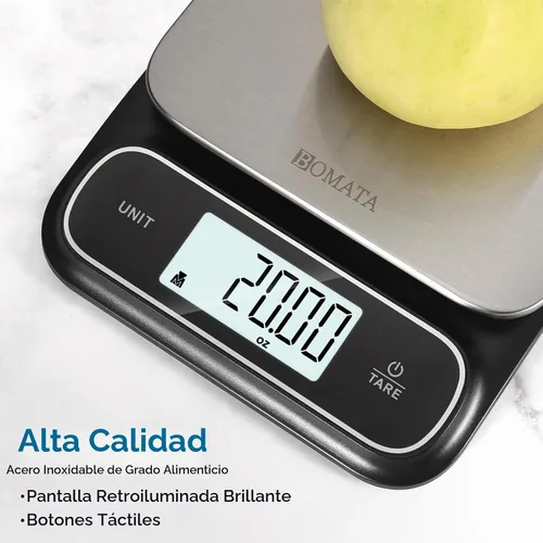Vista 5 de BOMATA Balanza de cocina impermeable IPX6, precisión alta de 0.1 g/0.01 oz, 5 kg/11 lbs, balanza digital con luz de fondo, plataforma de pesaje