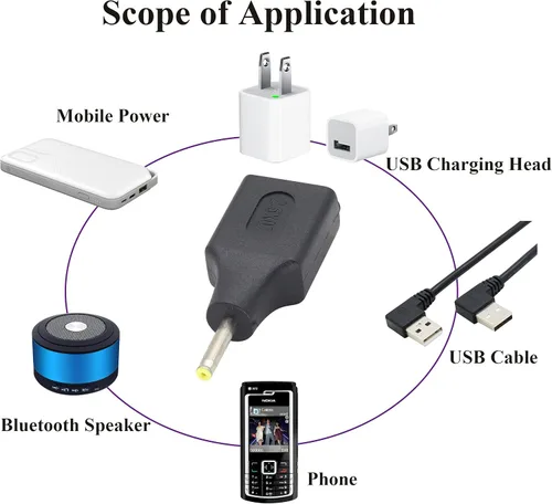 Vista 5 de Paquete de 2 adaptadores de corriente CC de 2.5 × 0.028 in a USB CC USB 2.0 A hembra a CC 2.5 × 0.028 in macho 5 V CC conector de barril de carga