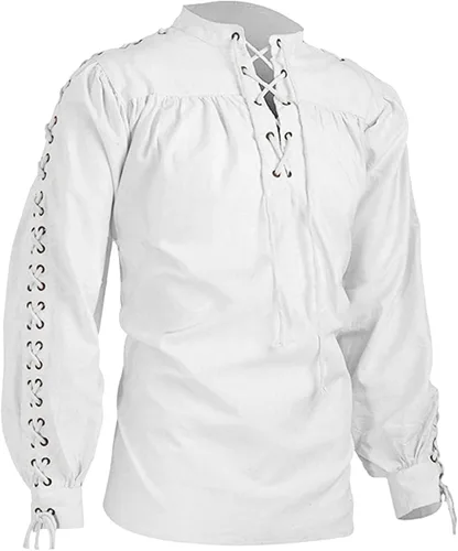 Vista 8 de Camisa medieval pirata para hombre, manga larga, con cordones, gótico renacentista, steampunk