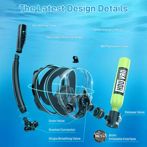Vista 6 de Mini tanque de buceo con máscara de esnórquel 0.5L, tanque de buceo inflable con máscara de cara completa, botella de reserva Pony, tanque de aire