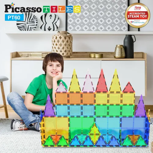 Vista 5 de PicassoTiles Paquete de 70 piezas de pista de carreras de canicas + 60 azulejos magnéticos, divertido y creativo, juguete sensorial educativo