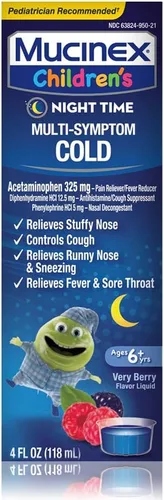 Vista 18 de Mucinex Líquido de alivio del resfriado multisíntoma para niños, alivia la congestión nasal, la congestión del pecho, la tos y el moco, expectorante