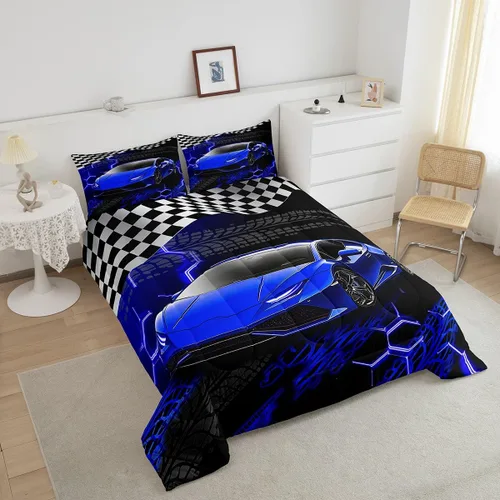Vista 4 de Feelyou Juego de ropa de cama de coche de carreras para niños y niñas, tamaño individual, juego de edredón deportivo de velocidad para adolescentes