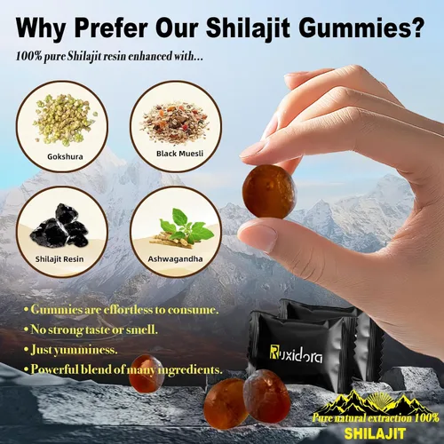 Vista 4 de Gomitas Shilajit, gomitas puras de Shilaljit del Himalaya, sin azúcar añadida, sin OMG, orgánicas naturales, Ashwagandha, Gokshura Ácido fúlvico