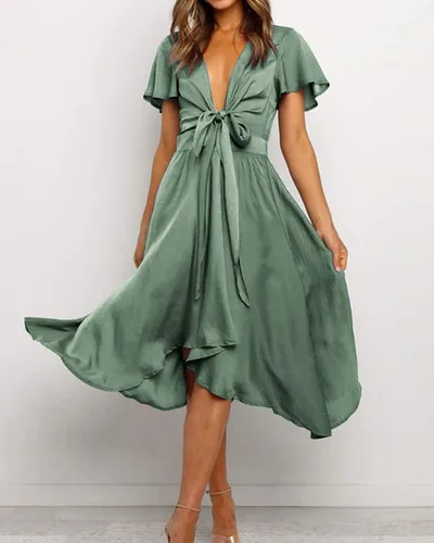 Vista 2 de BTFBM Vestidos de verano de satén con cuello en V profundo para mujer, manga corta, lazo frontal, cintura alta, volantes, acampanado, vestido