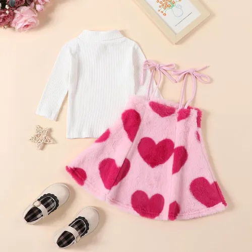 Vista 3 de My First Valentine's Day - Conjunto de ropa para bebé niña con volantes, manga larga, estampado de corazón, falda con tirantes