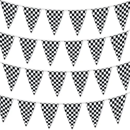 Vista 5 de Banderines a cuadros blanco y negro de 100 pies de banderines de carreras Decoración de fiesta temática de NASCAR Decoración de fiestas