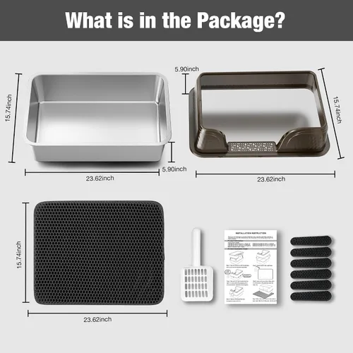 Vista 5 de Suhaco Caja extra grande de arena para gatos de acero inoxidable con tapa XXL Cajas de arena para gatos con lados altos incluidas Alfombrilla