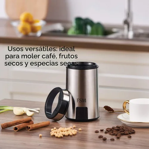 Vista 2 de FSM Molinillo de café eléctrico y molinillo de especias con sistema de bloqueo de seguridad, acero inoxidable con tapa transparente y base