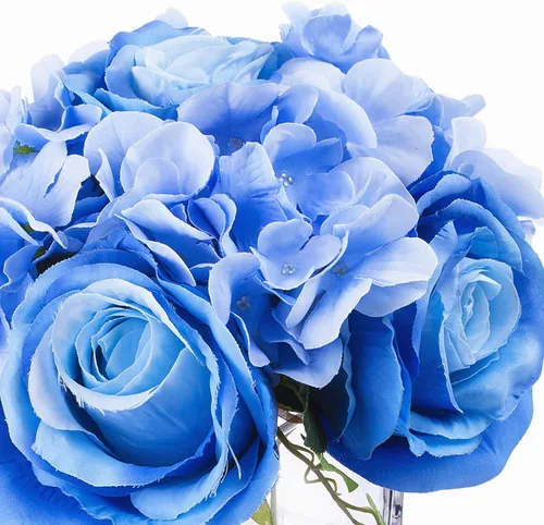 Vista 3 de Arreglos de flores artificiales de seda de rosas y hortensias en jarrón de cristal para decoración del hogar y boda (azul)