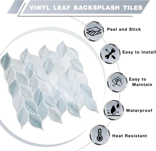 Vista 6 de Tilingview 10 piezas de azulejos de vinilo con diseño de hojas para despegar y pegar para salpicadero de cocina, azulejos autoadhesivos premium