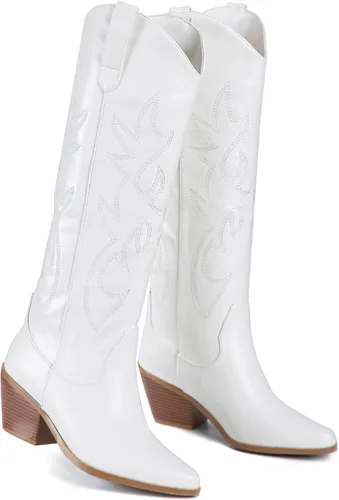 Vista 2 de Botas vaqueras para mujer, botas vaqueras bordadas hasta la rodilla para mujer, cómodas y modernas botas de pantorrilla ancha con punta puntiaguda