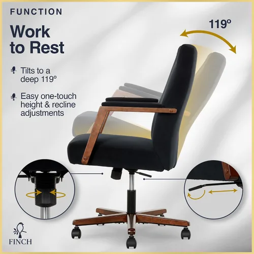 Vista 7 de Finch NEO ONE - Silla ejecutiva ergonómica giratoria de tela de terciopelo/madera, color negro (52304-BLK)