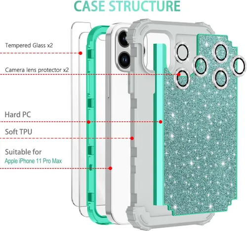 Vista 2 de LONTECT Funda para iPhone 11 Pro Max con purpurina brillante 3 en 1, a prueba de golpes, resistente, cuerpo completo, resistente funda protectora