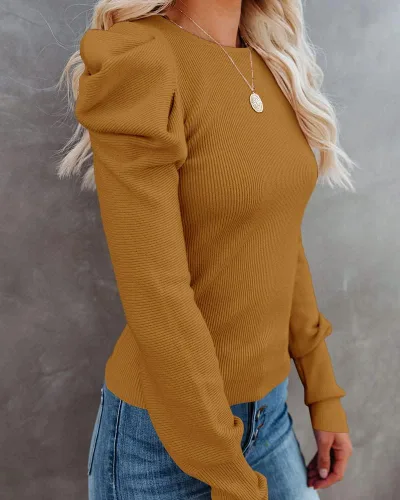 Vista 3 de MIRACMODA Woman Autumn Puff Sleeve Crew Neck Knit Sweater Long Sleeve Stretchy Pullover Top