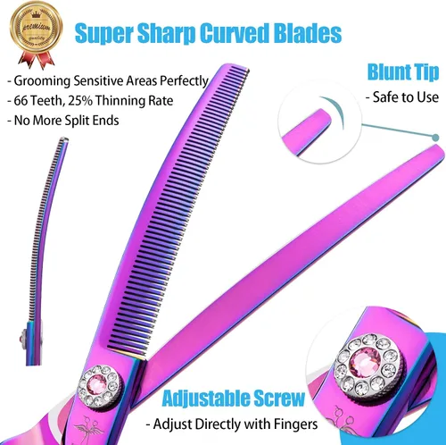 Vista 2 de PURPLEBIRD Tijeras curvadas hacia abajo de 7 pulgadas para peluquería para perros, tijeras texturizadoras de adelgazamiento, seguridad profesional