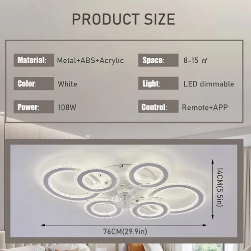 Vista 2 de Lámpara de techo inteligente de 76 cm con ventilador y motor CC de 6 marchas, ventilador de techo reversible silencioso con luz LED regulable