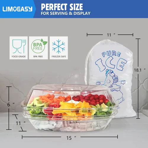 Vista 3 de LIMOEASY Bandeja de servir refrigerada, plato de plástico transparente de 15 pulgadas con 4 compartimentos, cuenco para servir hielo con tapa, plato