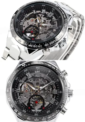 Vista 3 de Fanmis Reloj automático de acero inoxidable con esfera analógica de esqueleto ruso para hombre, Negro -, Classic