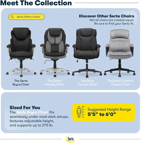 Vista 12 de Serta Bryce - Silla ejecutiva de oficina, sillas de escritorio para computadora ergonómicas con soporte lumbar AIR patentado, almohadas cómodas