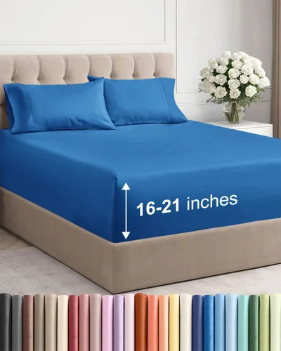 Vista 97 de Juego de sábanas tamaño Queen con bolsillos extra profundos, sábanas transpirables y refrescantes de 4 piezas, ropa de cama de lujo para hotel
