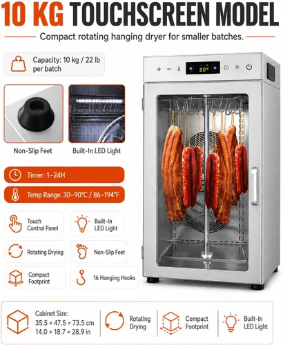 Vista 2 de Stainless Steel Food Dehydrator for Meat, 1600W Commercial Jerky Dehydrator with 22/66 lb Capacity, Rotating Hanging Hooks, Adjustable Temperature