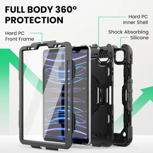 Vista 5 de SEYMAC Funda para iPad Pro 11 de 4ª, 3ª, 2ª, 1ª generación (2022/2021/2020/2018), funda protectora de cuerpo completo a prueba de golpes con Negro