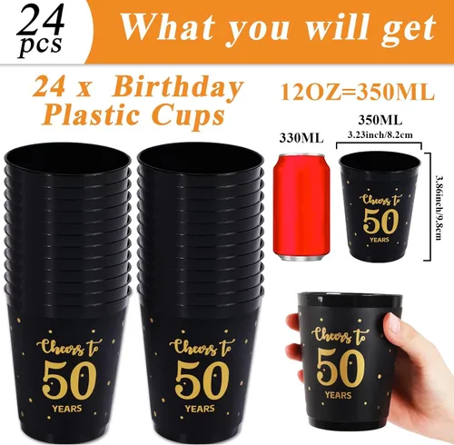 Vista 2 de 24 vasos de plástico reutilizables para cumpleaños de 50 años, regalos para fiestas de cumpleaños de 50 años, regalos de fiesta negros y dorados, 12