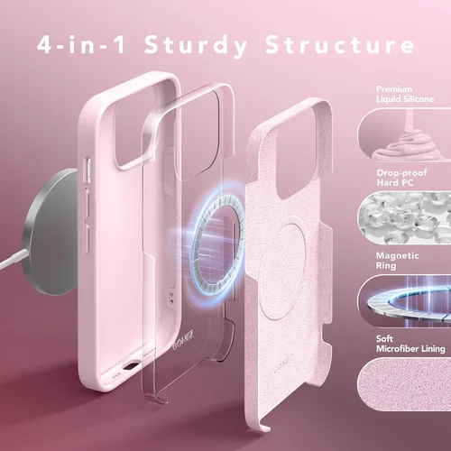Vista 4 de GONEZ Funda para iPhone 14 Pro, compatible con Magsafe, con protector de pantalla + protector de lente de cámara, forro de microfibra suave Rosa