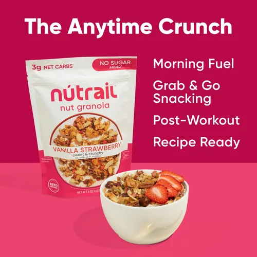 Vista 6 de NuTrail Cereal de granola de nuez, vainilla y fresa, sin azúcar añadido, keto, bajo en carbohidratos, sin gluten, sin granos, desayuno saludable, 8