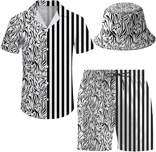 Vista 40 de Conjunto deportivo de 2 piezas para hombre, camisa hawaiana, pantalones cortos, camisa con botones y pantalones cortos con sombreros de pescador
