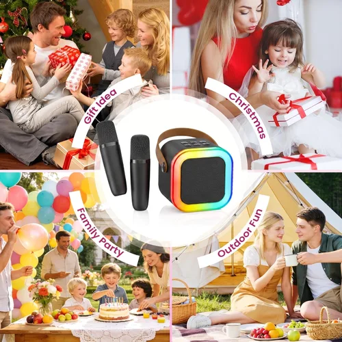 Vista 2 de Mini máquina de karaoke, micrófono de karaoke portátil Bluetooth con altavoz para cantar con 2 micrófonos y luz, monitores de audio de estudio